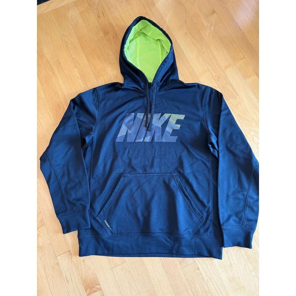 Nike Therma FIT Mens Medium Navy Blue Volt Green Mesh Hooded Sweatshirt
